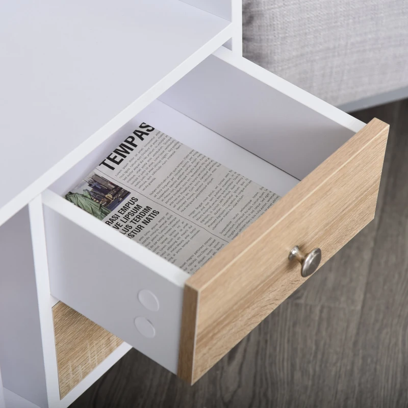 HOMCOM Mesa de Cabeceira com 2 Gavetas Grandes 1 Prateleira Aberta e Pés Elevados Estilo Nórdico 43x30x49 cm Branco e Madeira
