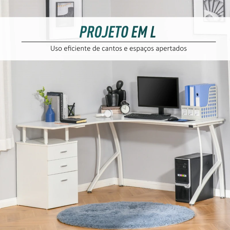 HOMCOM Secretária de Canto para Computador Secretária em Forma de L com 3 Gavetas Moderna para Escritório 143,5x143,5x76cm Branco