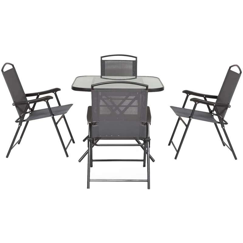 Outsunny Conjunto de jantar de jardim de 5 peças Cadeiras e mesas dobráveis com orifício para guarda-sol cinza e preto