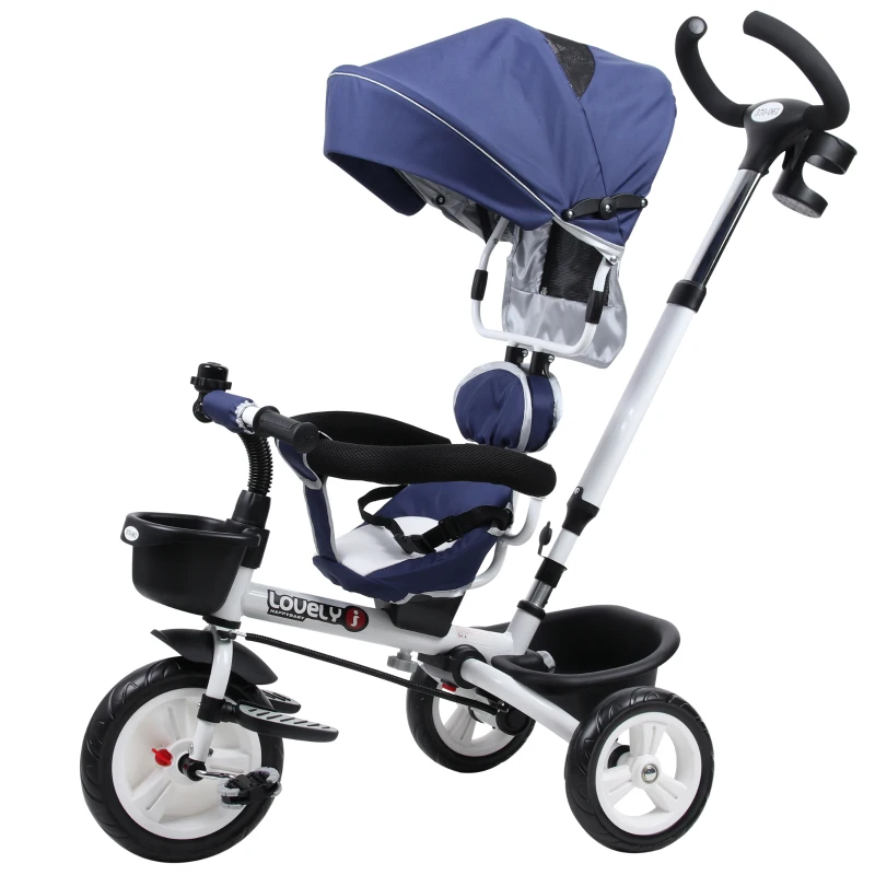 HOMCOM Triciclo  4 em 1 para Crianças acima de 18 Meses evolutivo Assento Giratório com Capuz  Barra Desmontável 118x53x105cm Azul