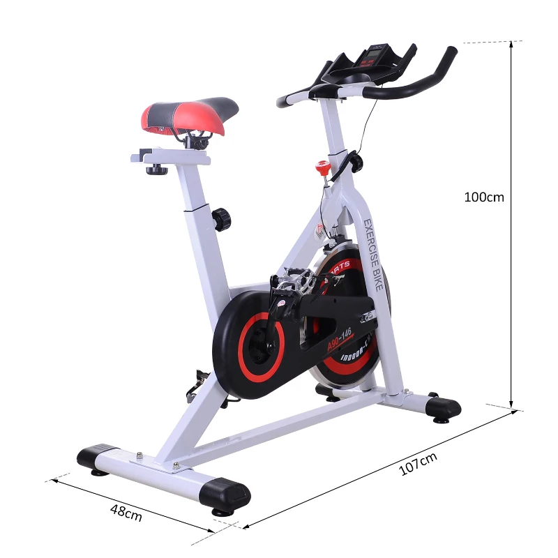 HomCom Bicicleta Estática de Spinning Bicicleta de Fitness Ecrã LCD Assento e Guiador Ajustável Resistência Regulável Carga 120kg 107x48x100cm Aço Branco