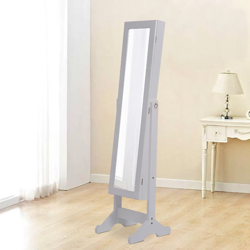 2 em 1 Espelho de Pé e Guarda-joias para quarto de dormir ou quarto de vestir - Com suporte de Chão - Madeira - Cor: Branco - 34 x 37 x 144 cm