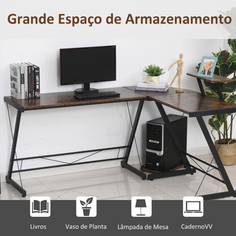 HOMCOM Mesa para computador de canto em forma de L com prateleira e suporte para CPU   155x115x91,5cm