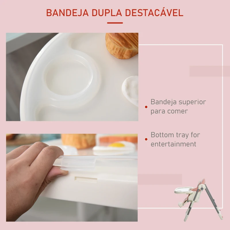 HOMCOM Cadeira de refeição ajustável e dobrável para bebê acima de 6 meses com bandeja dupla  55x80x104 cm Rosa