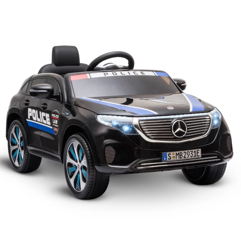 HOMCOM Carro de Polícia Elétrico para Crianças acima de 3 anos Mercedes EQC Bateria 12V com Controle Remoto Dupla Abertura 106x68x53 cm Preto