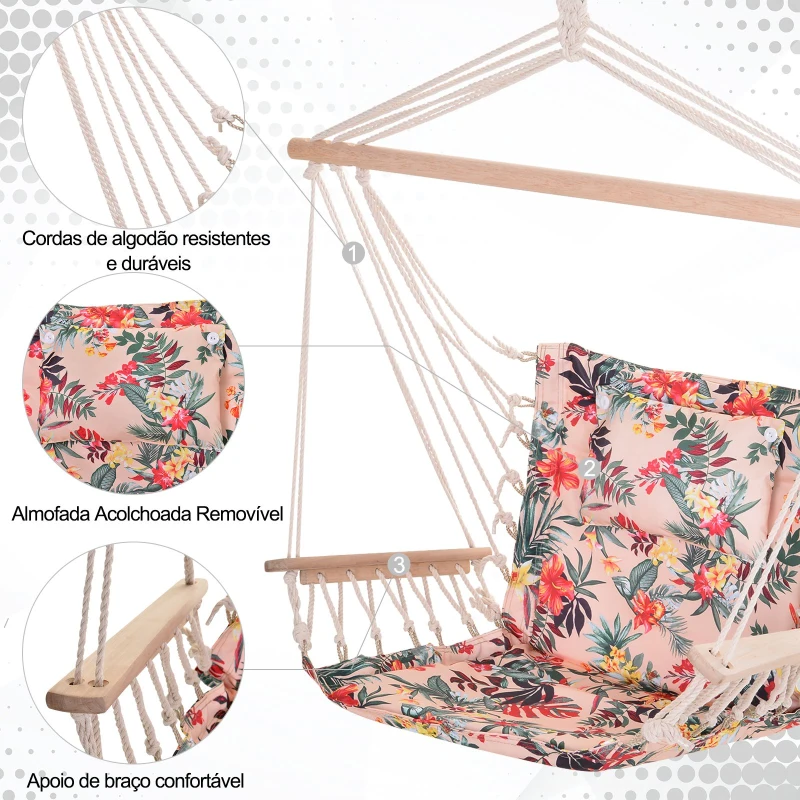 Outsunny Cadeira Rede Suspensa com Estampa Floral Almofada de Apoio para a Cabeça Cadeira Rede Baloiço para Interior e Exterior Carga Máxima 105kg 100x106cm Multicor