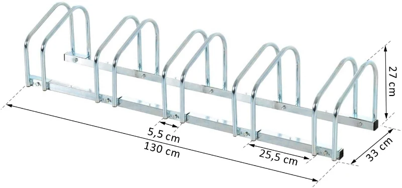 HOMCOM Estacionamento para 5 Bicicletas Suporte de Aço para Estacionar Bicicletas no Chão para Interior e Exterior 130x33x27cm Prata