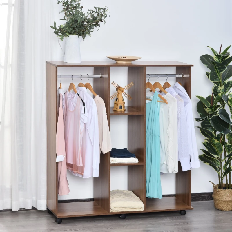 HOMCOM Armário aberto para Pendurar e Guardar Roupa tipo Guarda-roupa com Rodinhas - Madeira - Cor: Castanho - 120 x 40 x 128 cm