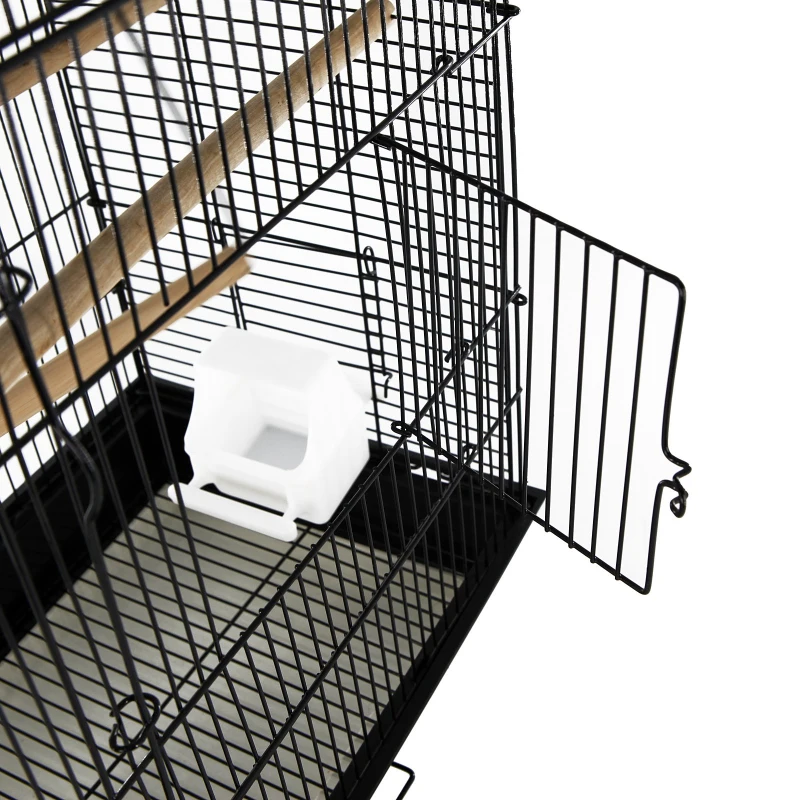 PawHut Gaiola para Pássaros Espaçosa Gaiola para Pássaros com Teto Abatível 2 Poleiros Baloiço e Comedouros para Interior Exterior 41,5x29,5x56,5cm Preto