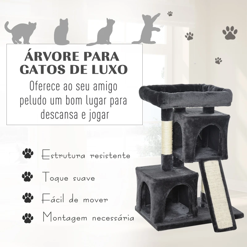 PawHut Árvore do gato com poste e placa de arranhão  cavernas Cama macia 59x39x83 cm