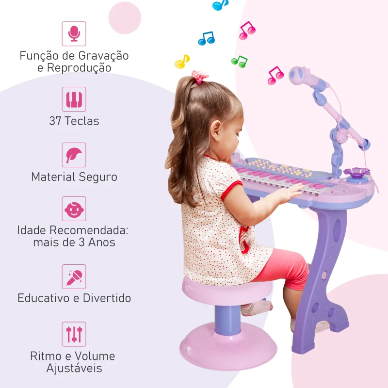 HOMCOM Piano Infantil 37 Teclas Teclado Eletrônico Brinquedo Educacional para Crianças + 3 Anos com Microfone Banco de Luzes e 22 Canções USB/MP3 Karaokê Rosa