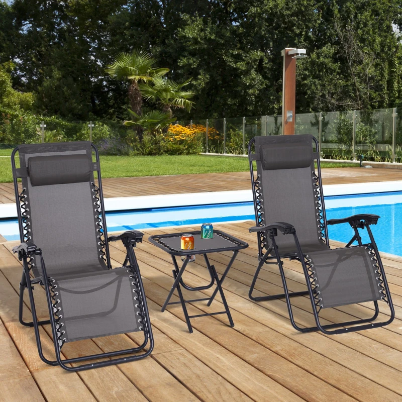 Outsunny Conjunto de 1 Mesa e 2 Espreguiçadeiras Conjunto de Exterior Dobrável e Portátil para Jardim Praia Relaxante com Encosto Reclinável Textilene Aço Cinza