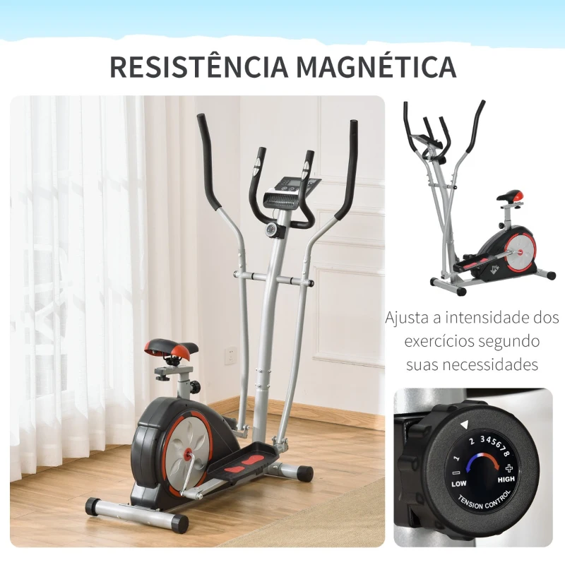 HOMCOM Bicicleta Elíptica Fitness com Volante de Inércia 6kg Resistência Magnética Ajustável Assento Regulável Tela LCD Frequência Cardiaca 130x68x162cm Preto e Prata