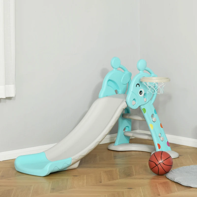 HOMCOM Escorrega Infantil Dobrável com Cesta de Basquetebol para Crianças acima de 18 meses Modelo Girafa para Interiores e Exteriores 140x87x75cm Azul e Cinza