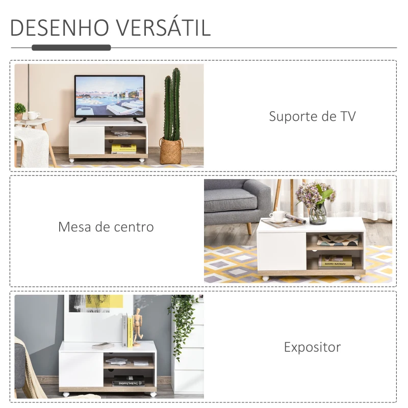 HOMCOM Gabinete de TV Mesa de sala de estar moderna para TV de 42 polegadas com 4 rodas prateleira ajustável 80x45x39.5 cm Branco