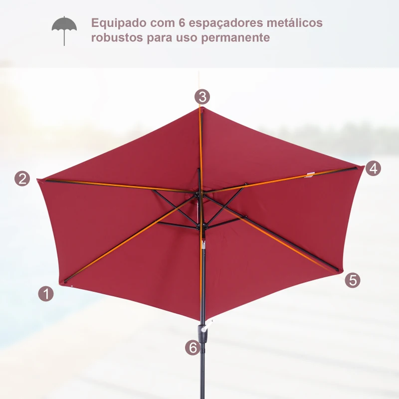 Outsunny Chapéu de Sol de Jardim Ø270x235cm Chapéu de Sol de Alumínio Reclinável com Manivela e 6 Hastes para Terraço Exterior Balcão Vermelho Escuro