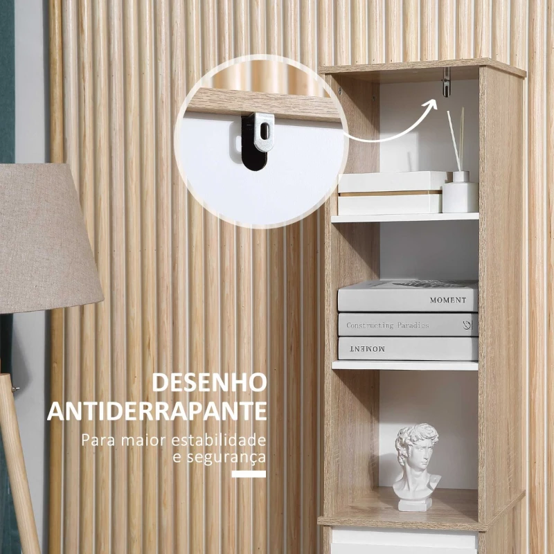 Kleankin Armário de banheiro alto com 1 porta  gaveta e 3 estantes Prateleira ajustável para sala de estar de cozinha 32,6x30x171,2 cm Madeira natural e branco