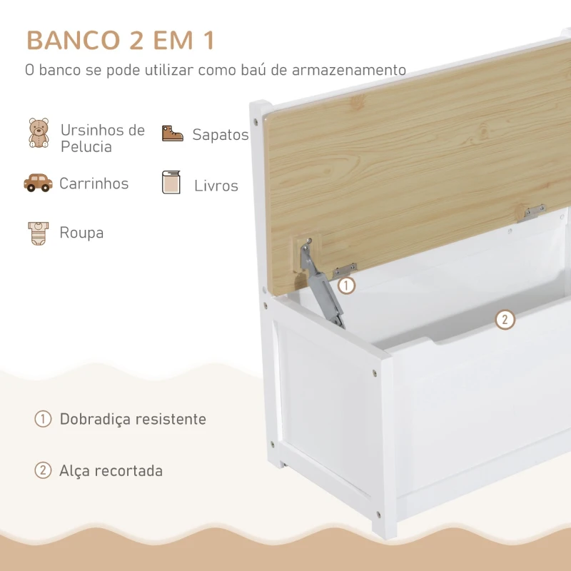 HOMCOM Conjunto Infantil de Mesa 2 Cadeiras e Banco com Armazenamento Móveis Infantil para Sala de Jogos Dormitório Branco e Natural