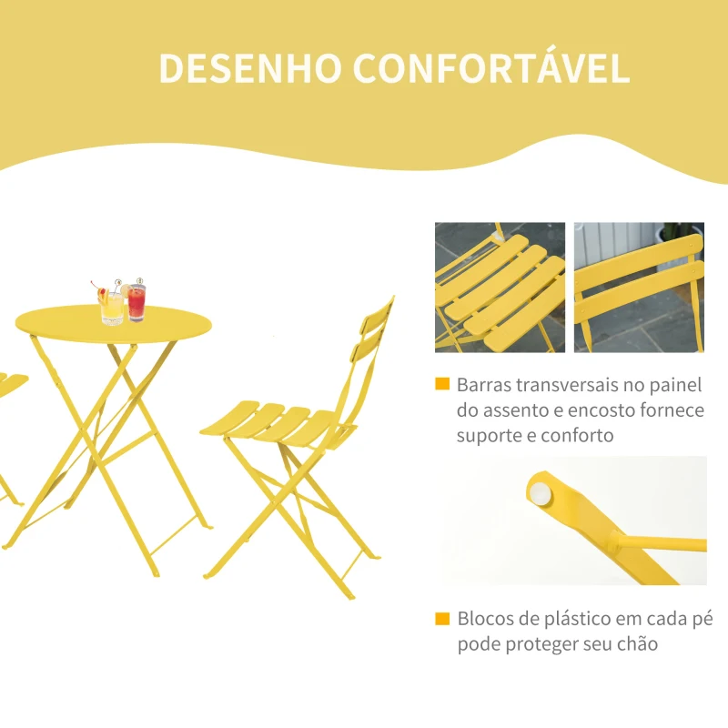 Outsunny Conjunto de móveis de jardim dobrável de 3 peças Mesa de metal e 2 cadeiras  Ø60x71 cm amarelo
