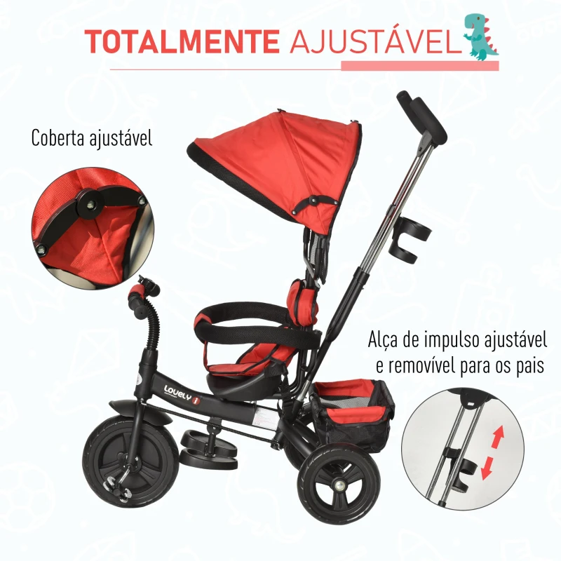 HOMCOM Triciclo para Crianças 2 em 1 com capota ajustável acima de 18 Meses vermelho 92x51x110cm