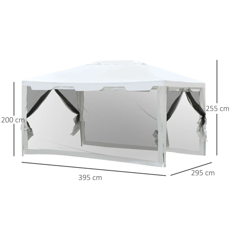 Outsunny Tenda de Jardim 395x295 cm com Redes Mosquiteiras Duplo Teto e Portas com Zíper para Exterior Branco e Preto