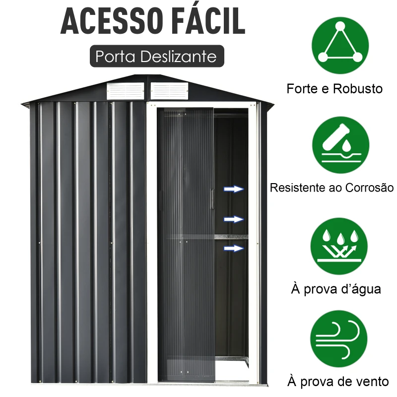 Outsunny Abrigo de Jardim 150x130x186 cm Abrigo de Exterior de Aço Galvanizado com Porta Corredeira e Ventilações para Armazenamento de Ferramentas Cinza
