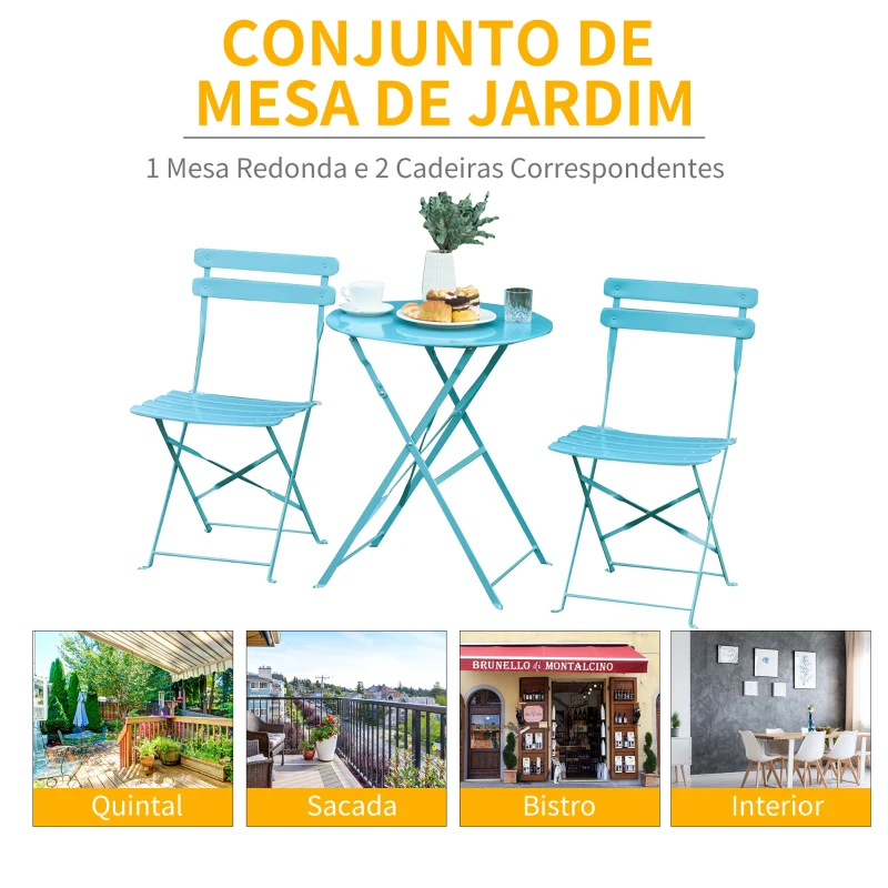 Outsunny Conjunto de móveis de jardim dobrável de 3 peças Mesa de metal e 2 cadeiras para varanda Terraço Exterior Ø60x71 cm azul