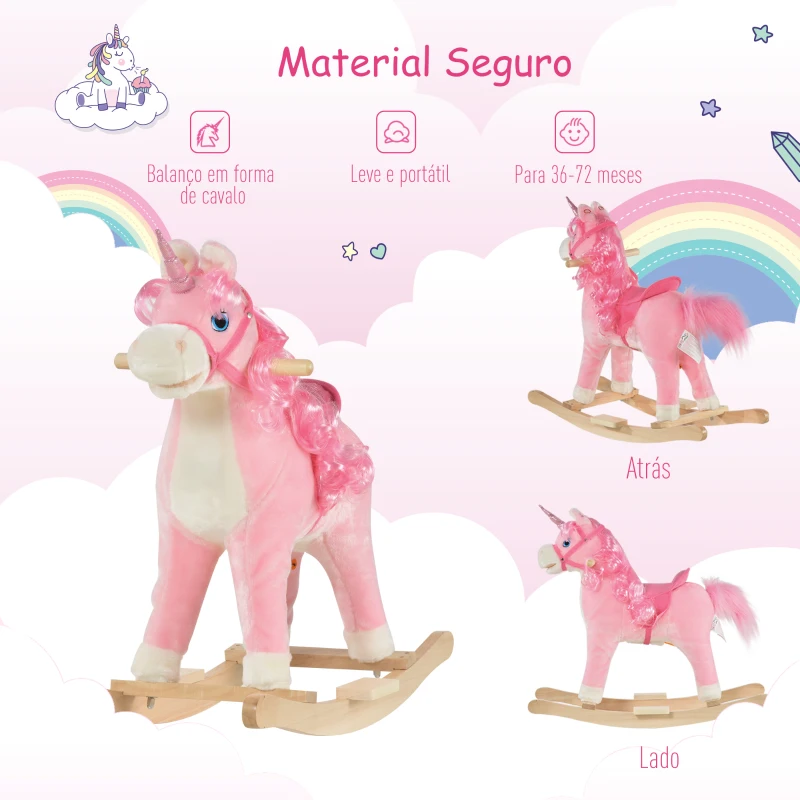 HOMCOM Cavalo Balanço de unicórnio para bebê acima de 36 meses com sons 74x33x62 cm rosa