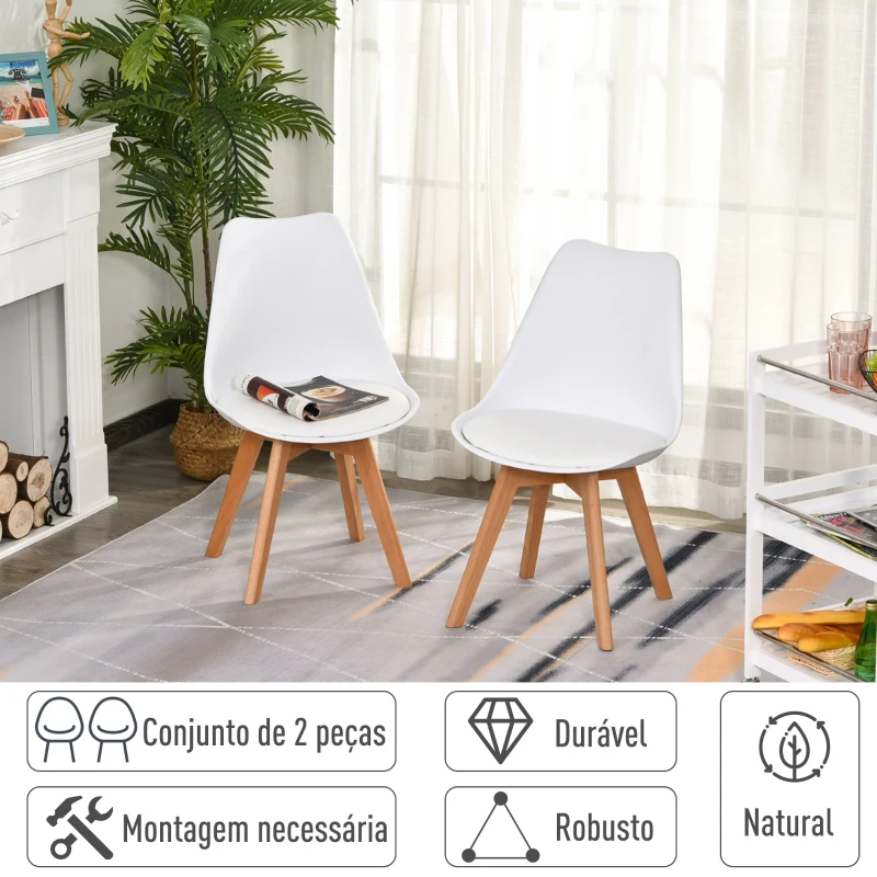 HOMCOM Conjunto de 2 cadeiras de jantar com pés de madeira maciça 47x55x80 cm Branco
