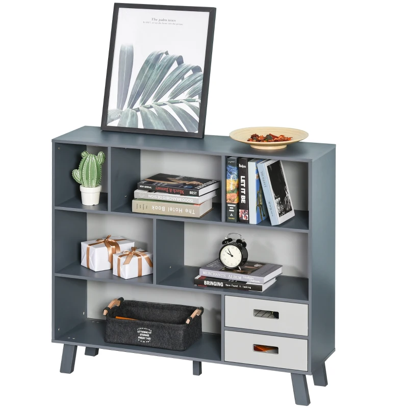 HOMCOM Estante com 6 Compartimentos e 2 Gavetas para escritorio quarto 105x30x96 cm Azul e Cinza