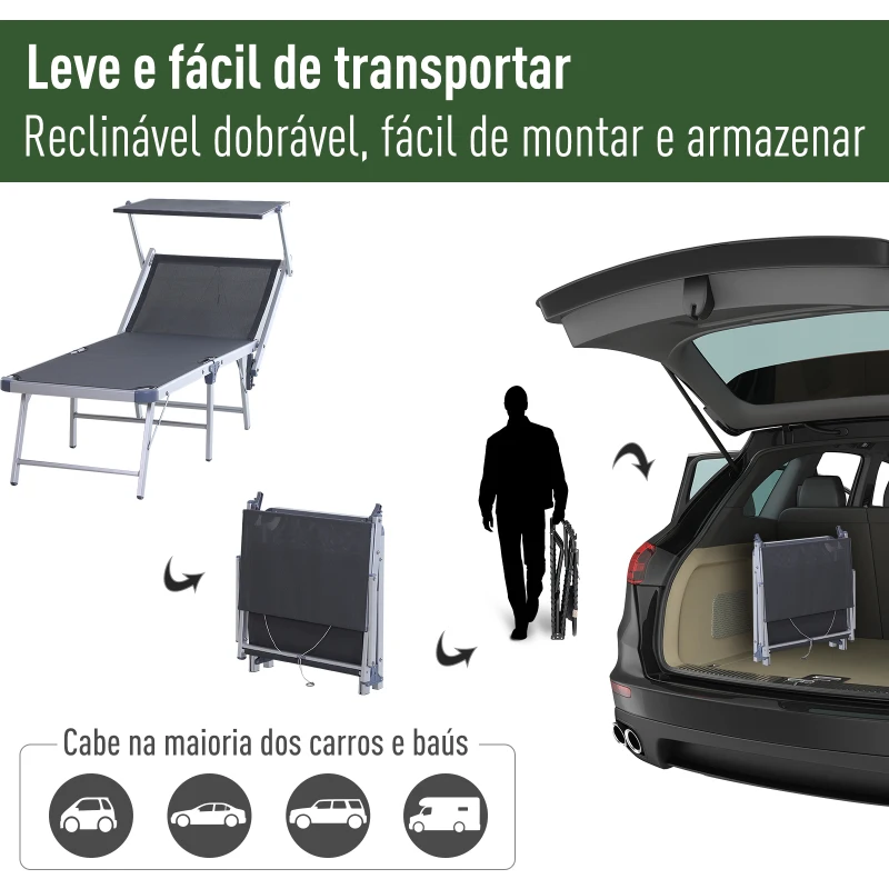 Outsunny Espreguiçadeira Dobrável e Reclinável com Toldo Ajustável em Ângulo Espreguiçadeira para Jardim Terraço Campismo Exterior 169x72x55-72cm Cinza