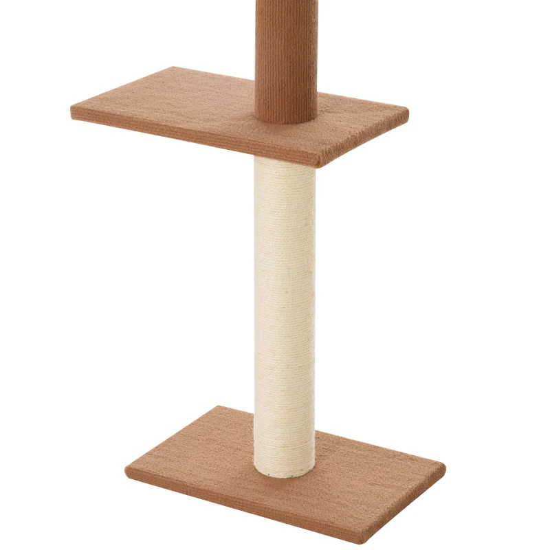 PawHut Arranhador para Gatos de Chão ao Teto com Altura Ajustável 4 Plataformas e Poste de Sisal 43x27x228-260 cm Marrom Escuro