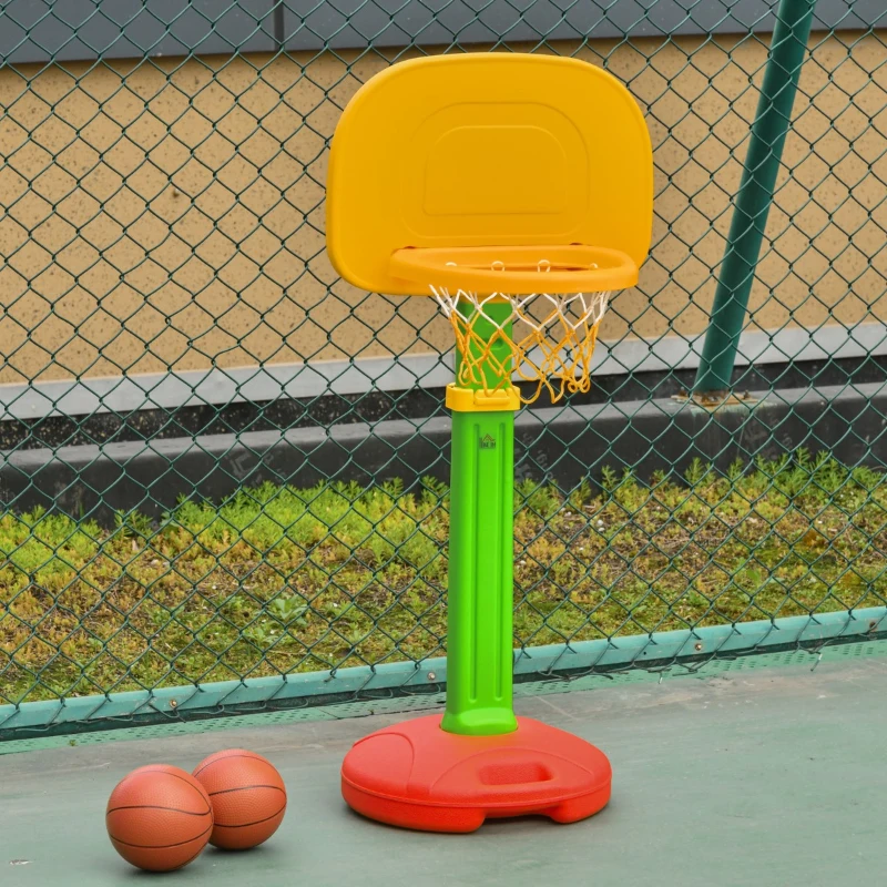 HOMCOM Tabela de Basquetebol Infantil para Crianças acima de 3 anos Altura Ajustável 2 Bolas e Inflador 52,5x44x120-160cm Amarelo Verde Vermelho