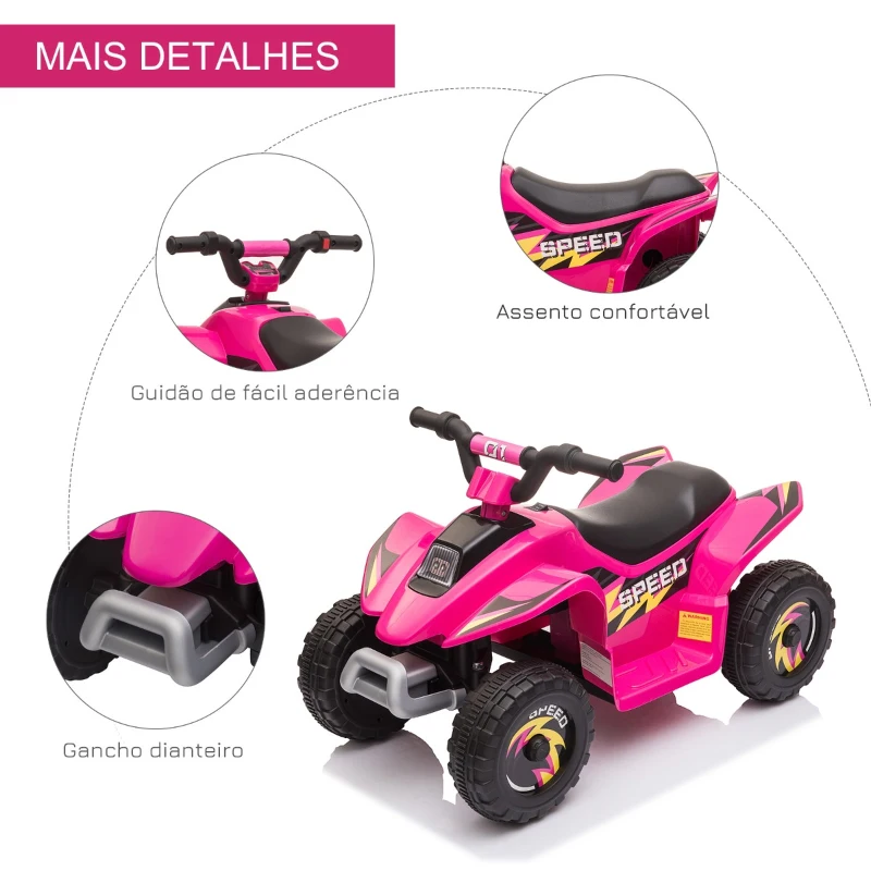 HOMCOM Quadriciclo Elétrico para Crianças de 18-36 Meses Quadriciclo a Bateria 6V com Avance e Retrocesso 72x40x45,5cm Rosa