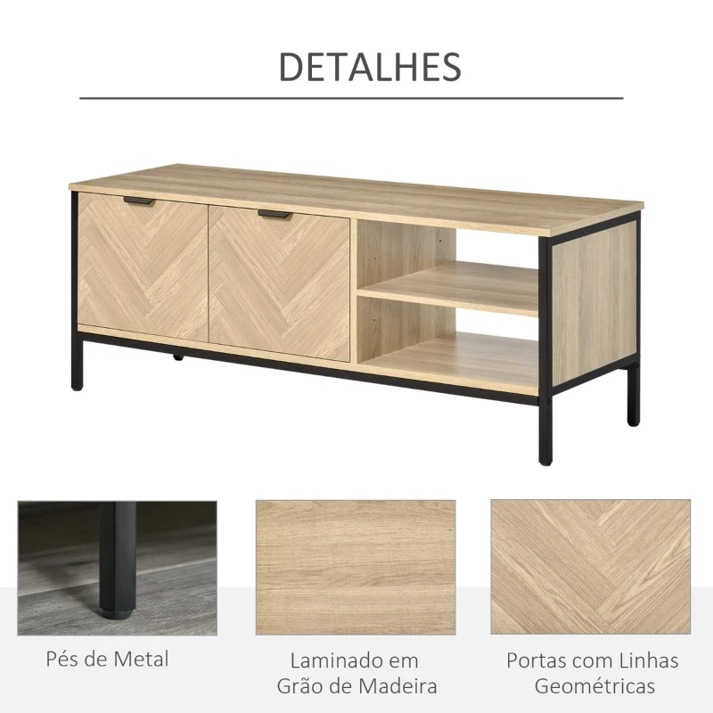 HOMCOM Móvel de TV de até 50” Móvel de Sala de Estar Moderno com Armário 2 Compartimentos Prateleira Ajustável e Pés de Metal 120x40x46cm Madeira Natural