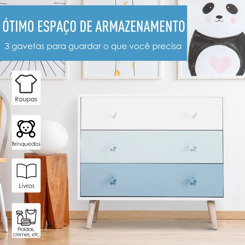 HOMCOM Cómoda infantil com 3 gavetas Cómoda com pernas para roupas ou brinquedos cor Azul