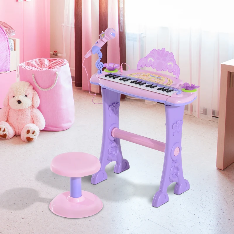 HOMCOM Piano Eléctrico Infantil 32 Teclas Piano Infantil com Microfone Banquinho Luzes Ritmos Sons MP3 Karaoke  Rosa