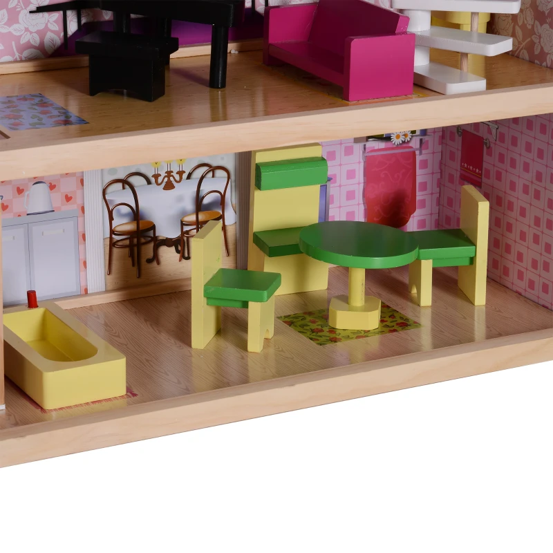 HOMCOM Casa de Bonecas com 13 peças Móveis Mobiliário Casita de Bonecas de Brincar Madeira 3 Pisos 60x30x71.5cm