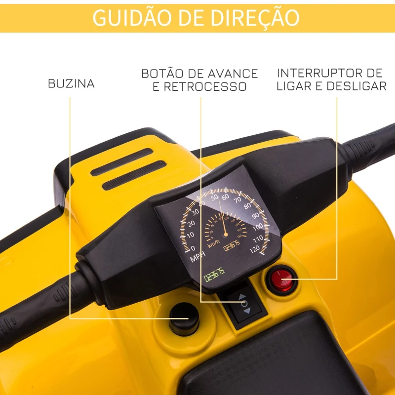HOMCOM Quadriciclo Elétrico para Crianças de 18-36 Meses  Bateria 6V Faróis Buzina Velocidade 0-3km/h Avanço e Recuo 65x40x43cm Amarelo