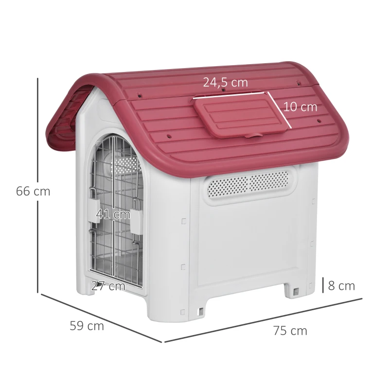 PawHut Casota para Cães com Porta Removível Base Elevada 3 Respiradouros e Janela Casota de Cães para Interior e Exterior 59x75x66cm Cinza e Vermelho