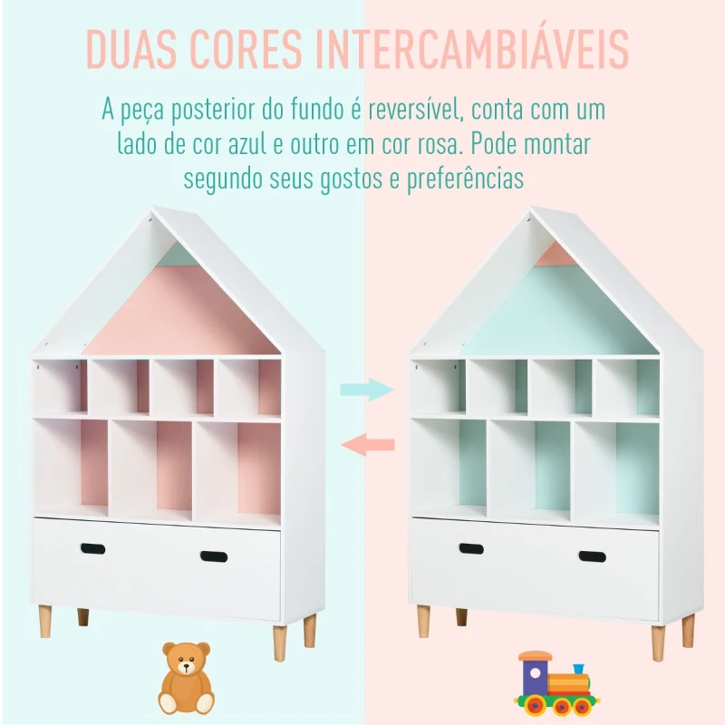 HOMCOM Estante de Madeira Infantil em Forma de Casa Estante para Crianças com 8 Compartimentos Abertos e Gaveta de 2 Cores 82x30x126cm Branco