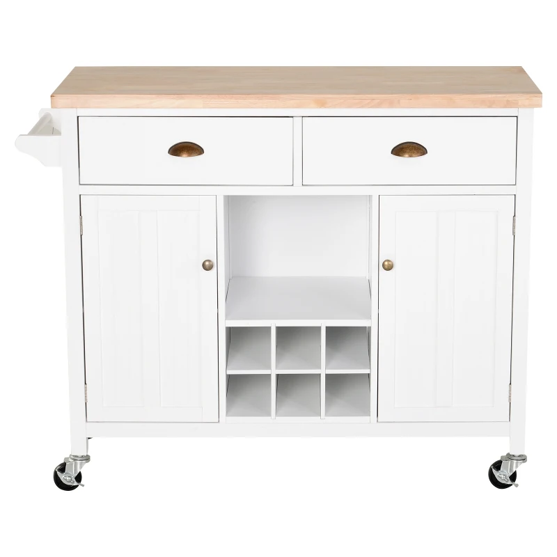 HOMCOM Ilha de Cozinha com Rodas com Gavetas Suporte para Garrafas Armários e Prateleira 113x45x89 cm Branco e Madeira