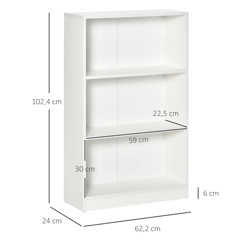 HOMCOM Estante para Livros com 3 Compartimentos de Armazenamento Livros Plantas para Sala de Estar Estúdio Dormitório 62,2x24x102,4cm Branco