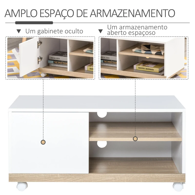 HOMCOM Gabinete de TV Mesa de sala de estar moderna para TV de 42 polegadas com 4 rodas prateleira ajustável 80x45x39.5 cm Branco