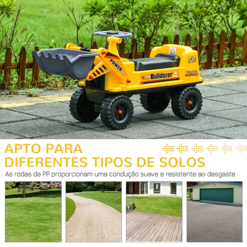 HOMCOM Trator sem Pedais para Crianças de 2-3 Anos com Pá Escavadora Espaço de Armazenamento Oculto Volante e Buzina 70x26x37cm Amarelo