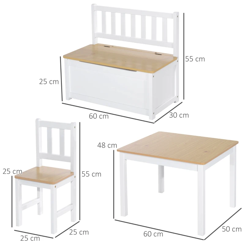 HOMCOM Conjunto Infantil de Mesa 2 Cadeiras e Banco com Armazenamento Móveis Infantil para Sala de Jogos Dormitório Branco e Natural