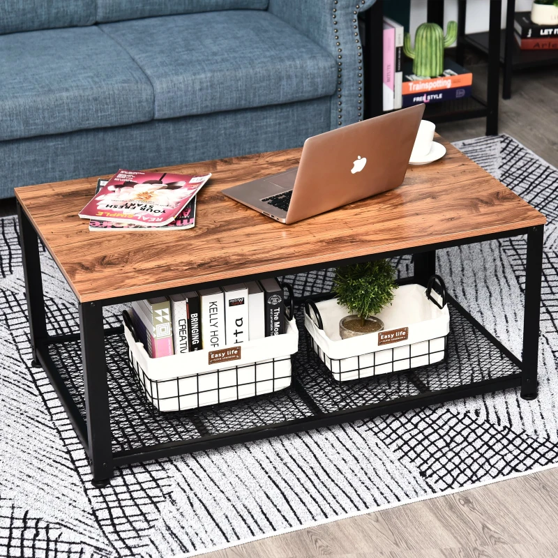 HOMCOM Mesa de Centro para sala de estar mesa de café estilo industrial retro prateleira de malha de aço e madeira 106x60x45cm