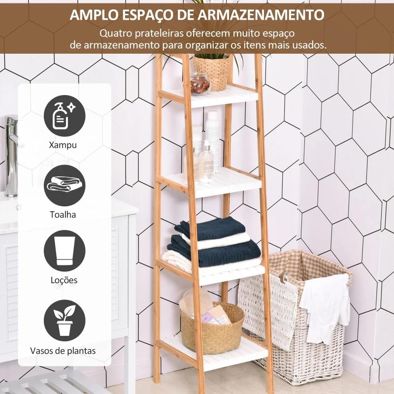 Kleankin Prateleira para Banheiro com 5 níveis de Estrutura em Bambu Pinho 35x36x138.5cm Branco