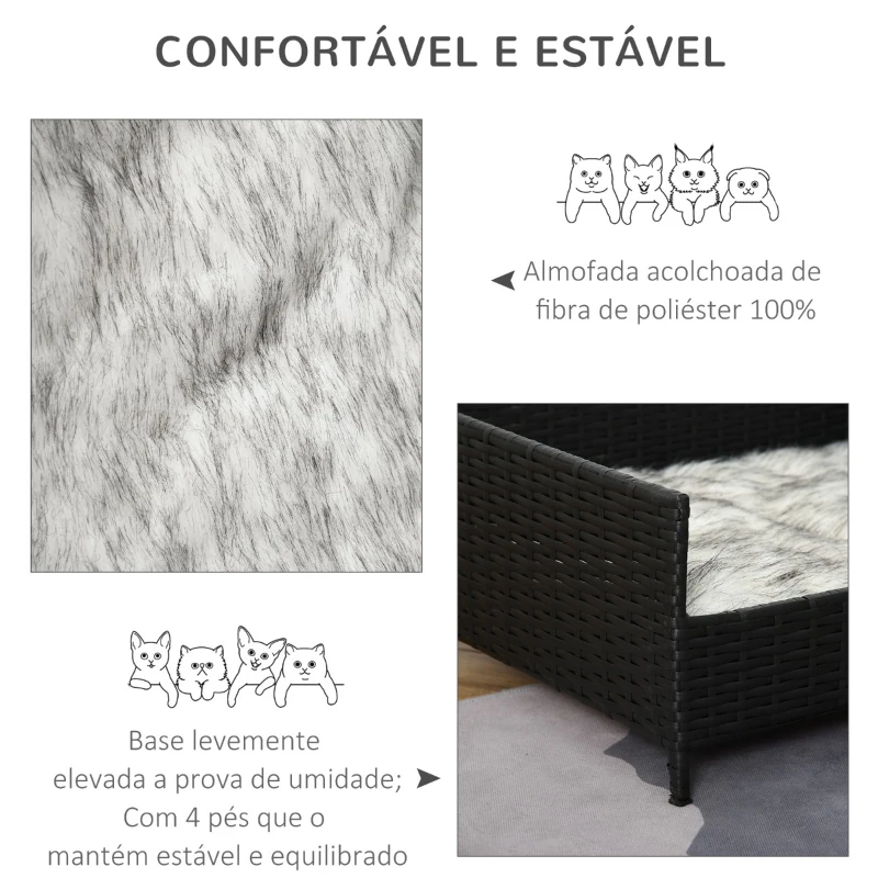 PawHut Sofá Cama para Cães de Vime Cama Elevada para Gatos Retangular com Almofada Suave e Lavável para Interior e Exterior 61x46x24,5cm Preto