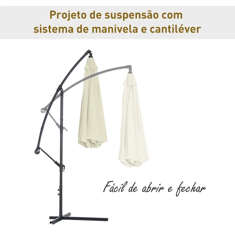 Outsunny Chapéu de Sol de Jardim Ø300x260cm Chapéu de Sol Excêntrico Inclinável com Manivela Base Cruzada e Suporte de Metal 8 Hastes para Terraço Exterior Balcão Creme